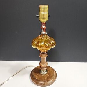VTG Accent Table Lamp Amber Convex Bubble Glass, Wooden Base, Wood & Brass 12.5"